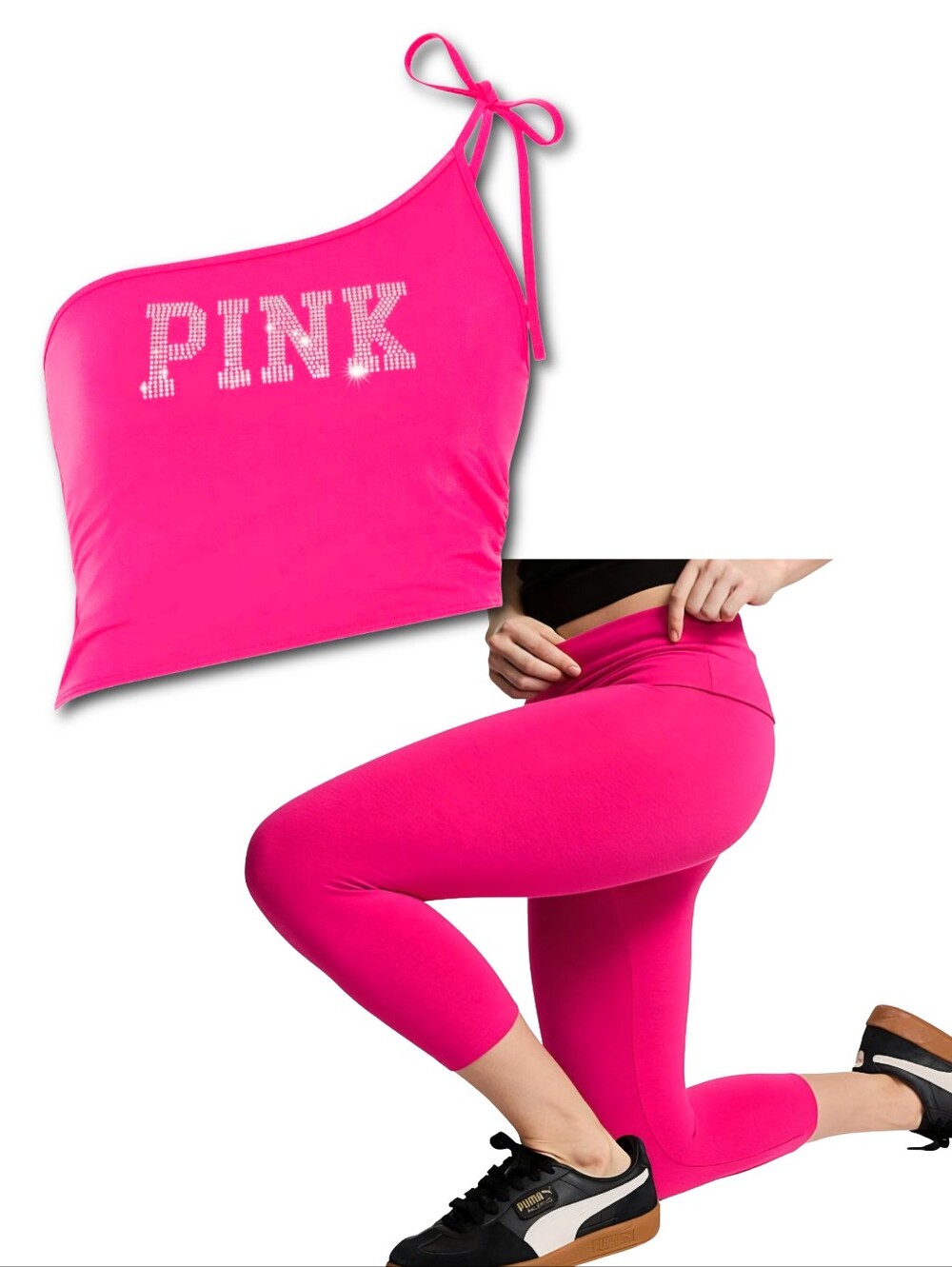 Victoria’s Secret PINK Leggings Capri Foldover Hot Stuff Bling & Top New Med